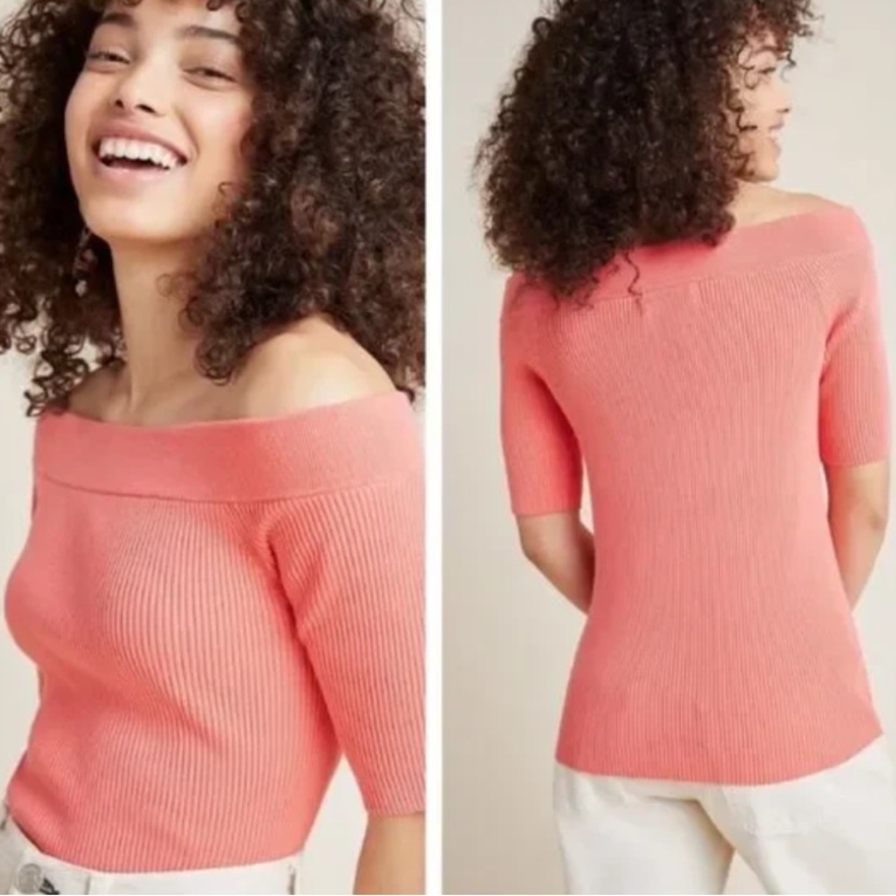 Anthropologie Women XS Coral Ribbed Classic Minuet Off The Shoulder Knit Top - Picture 1 of 10